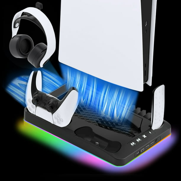 NETNEW PS5 Cooling Station with RGB Light, PS5 Stand with Cooling Fan for PS5 Disc&Digital Editions Dual Controllers Charger Station, PS5 Accessories for PS5 Console Headset Holder