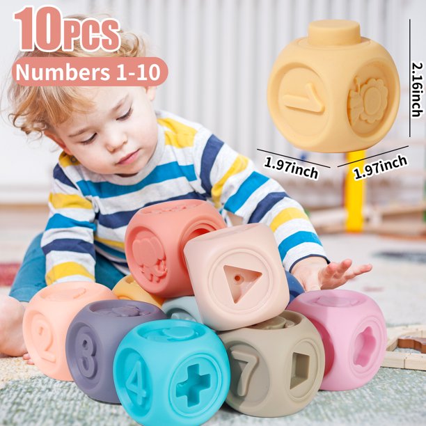 Baby Blocks Soft Building Blocks Baby Toys Teethers Toy Educational Squeeze Play with Numbers Animals Shapes Textures 6 Months and Up 10PCS