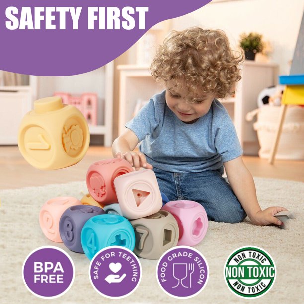 Baby Blocks Soft Building Blocks Baby Toys Teethers Toy Educational Squeeze Play with Numbers Animals Shapes Textures 6 Months and Up 10PCS
