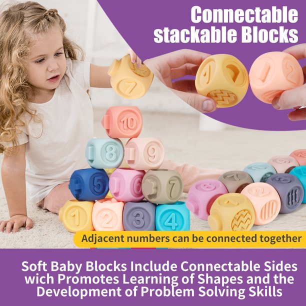 Baby Blocks Soft Building Blocks Baby Toys Teethers Toy Educational Squeeze Play with Numbers Animals Shapes Textures 6 Months and Up 10PCS