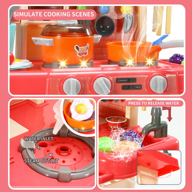 NETNEW 89 PCS Kitchen Playset Kids Kitchen Toys for Girls 3-6 Years with Realistic Lights and Sounds,Pretend Food Steam Play Food Accessories