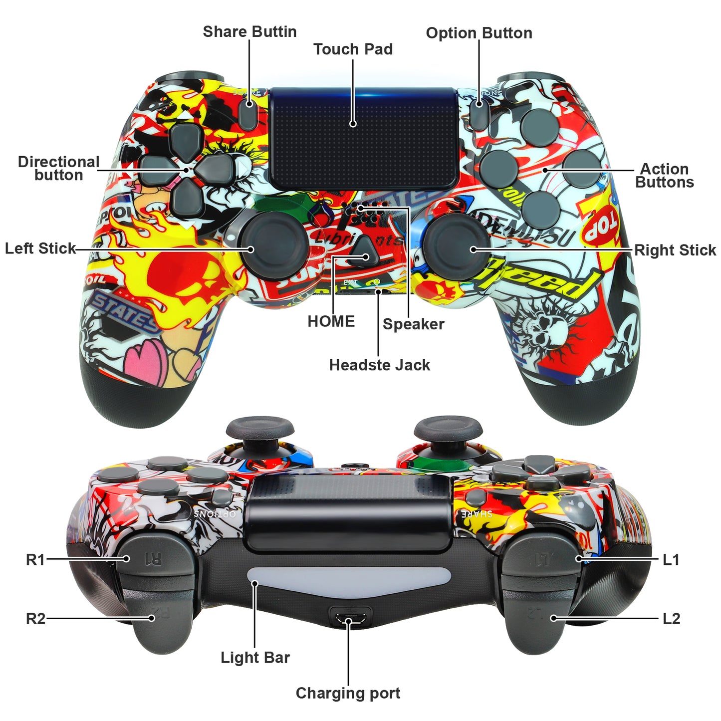 NETNEW Wireless Game Controller Compatible with PS4/Slim/Pro with Upgraded Joystick - Street Fire
