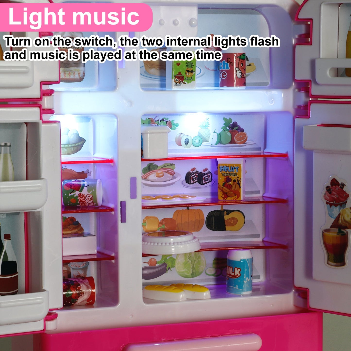 Kitchen Toys Fridge Refrigerator for Kids Girls, Play Kitchen Set with Accessories Music and Light