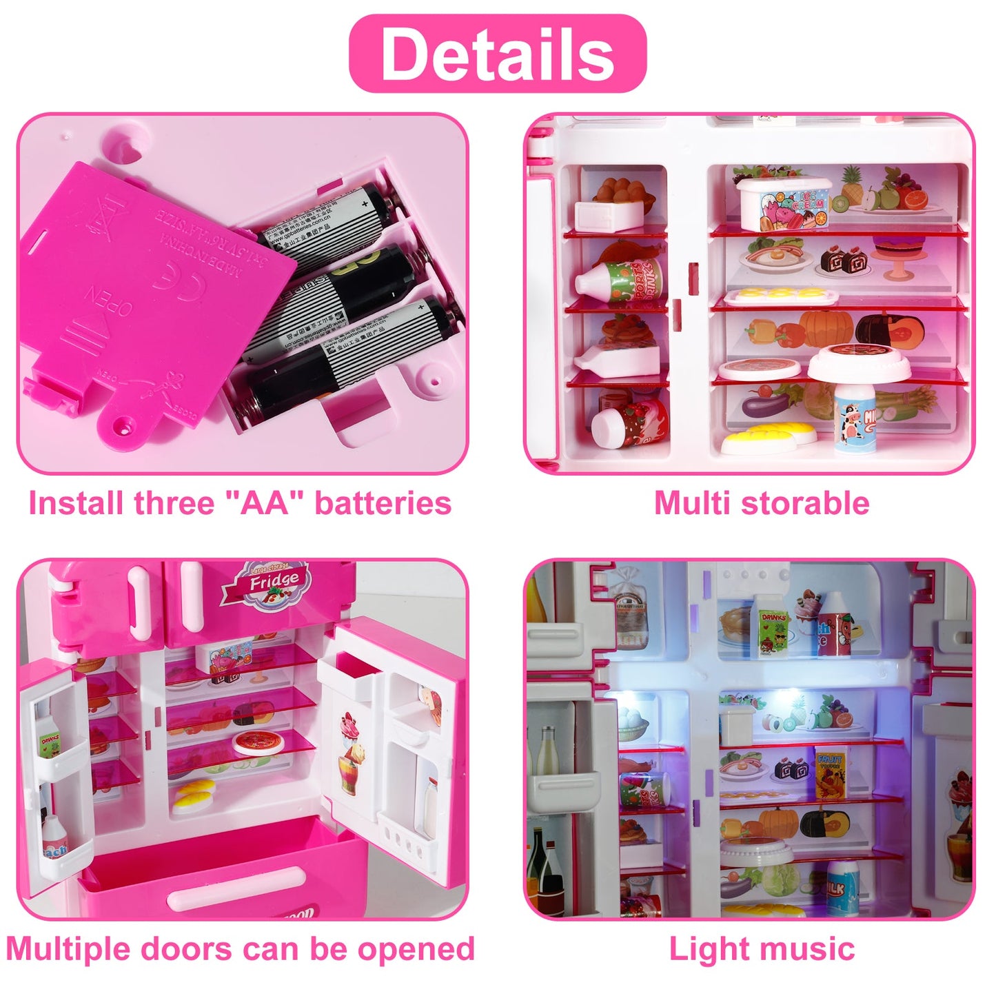 Kitchen Toys Fridge Refrigerator for Kids Girls, Play Kitchen Set with Accessories Music and Light