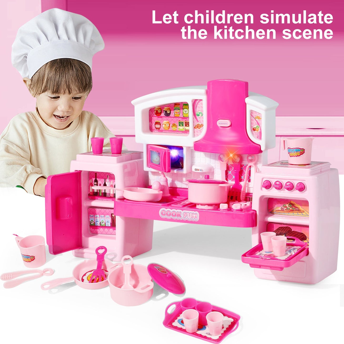 Girls Toys Play Kitchen Oven Playset Pretend Food Cooking Pink Kitchen Toys for Toddlers Sounds and Light Stove