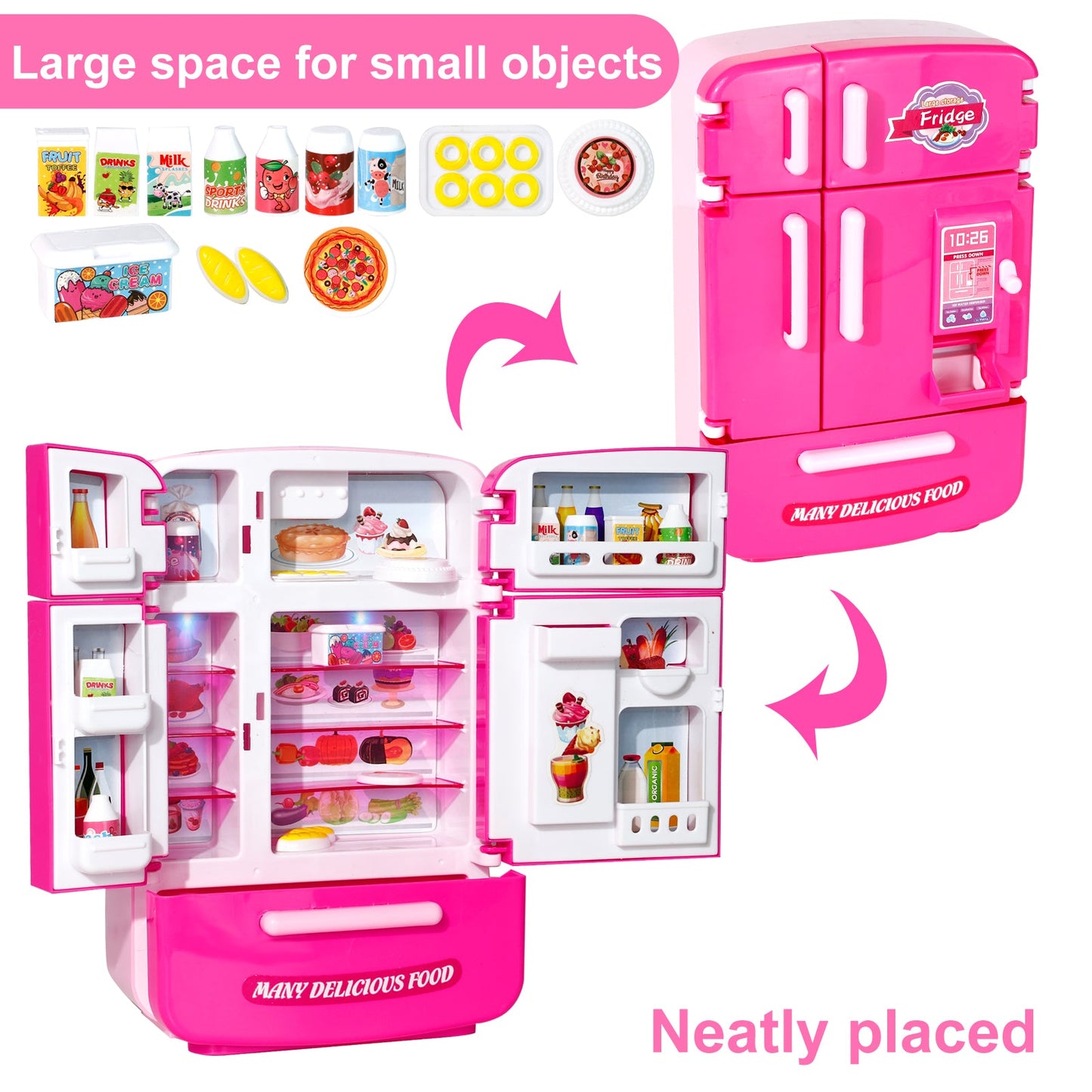 Kitchen Toys Fridge Refrigerator for Kids Girls, Play Kitchen Set with Accessories Music and Light