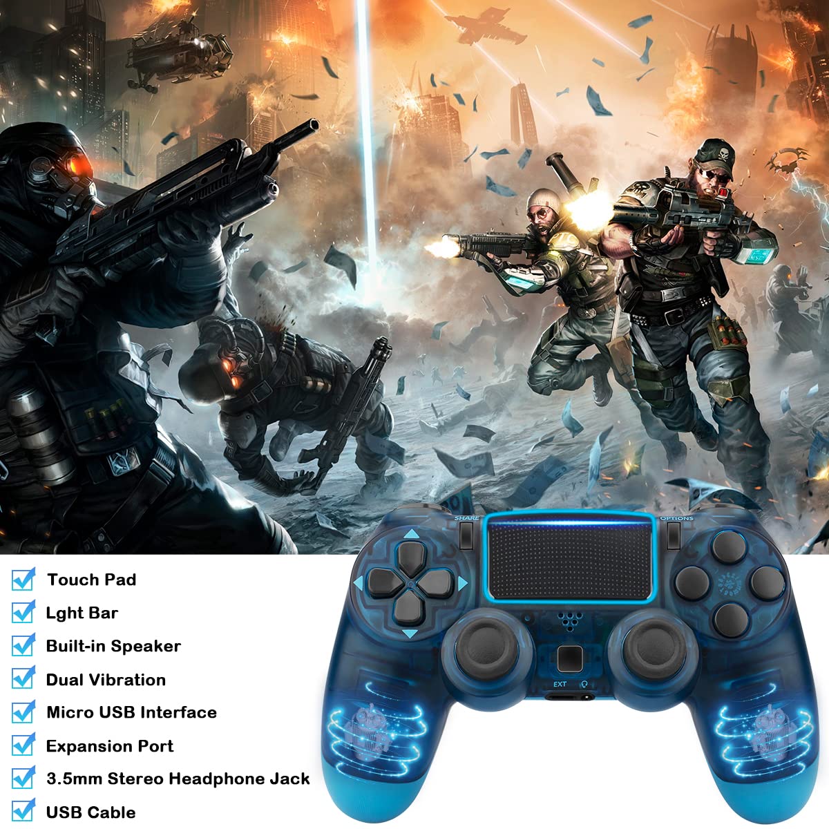 NETNEW Wireless Game Controller Compatible with PS4/Slim/Pro with Upgraded Joystick - Crystal Blue