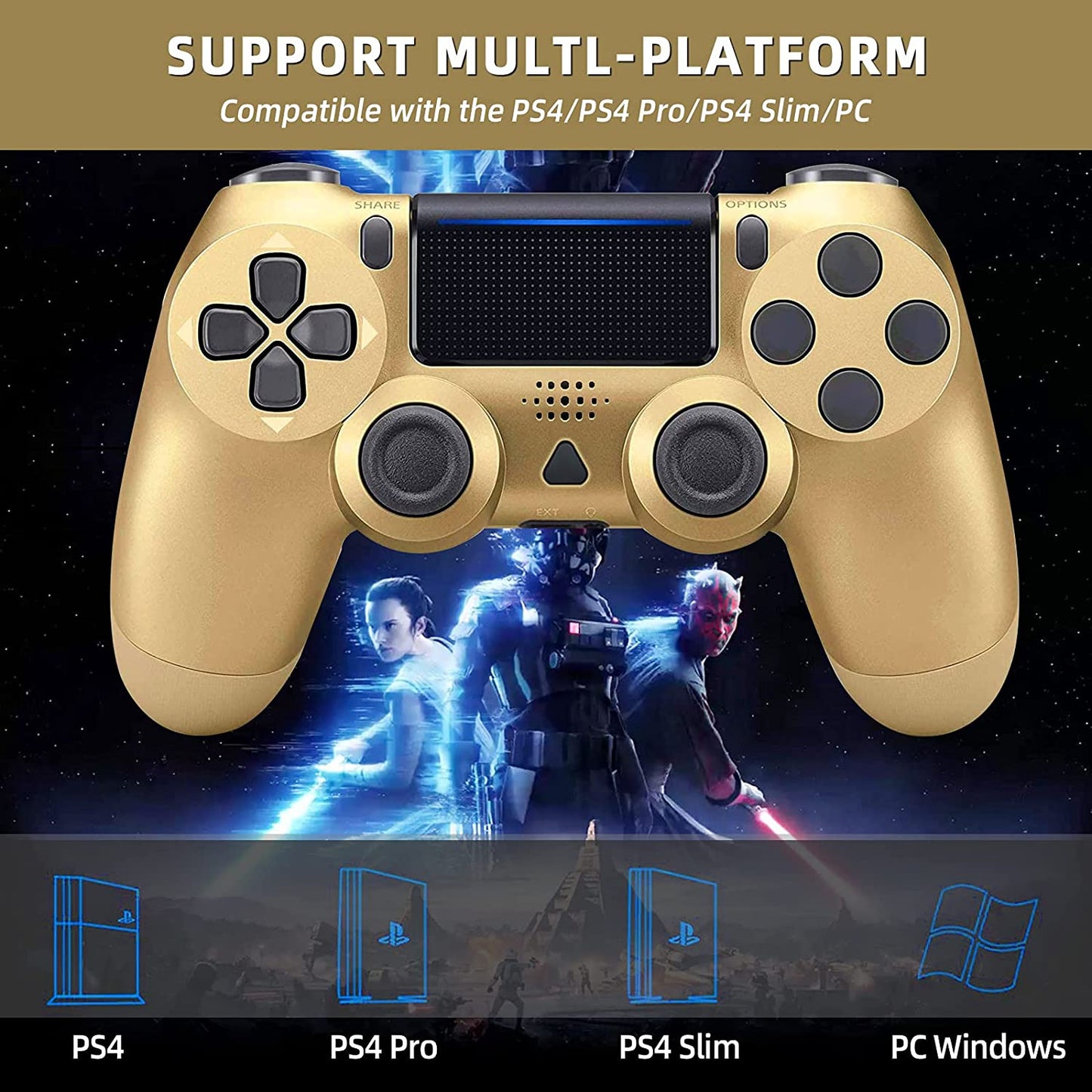 NETNEW Wireless Game Controller Compatible with PS4/Slim/Pro with Upgraded Joystick - Golden