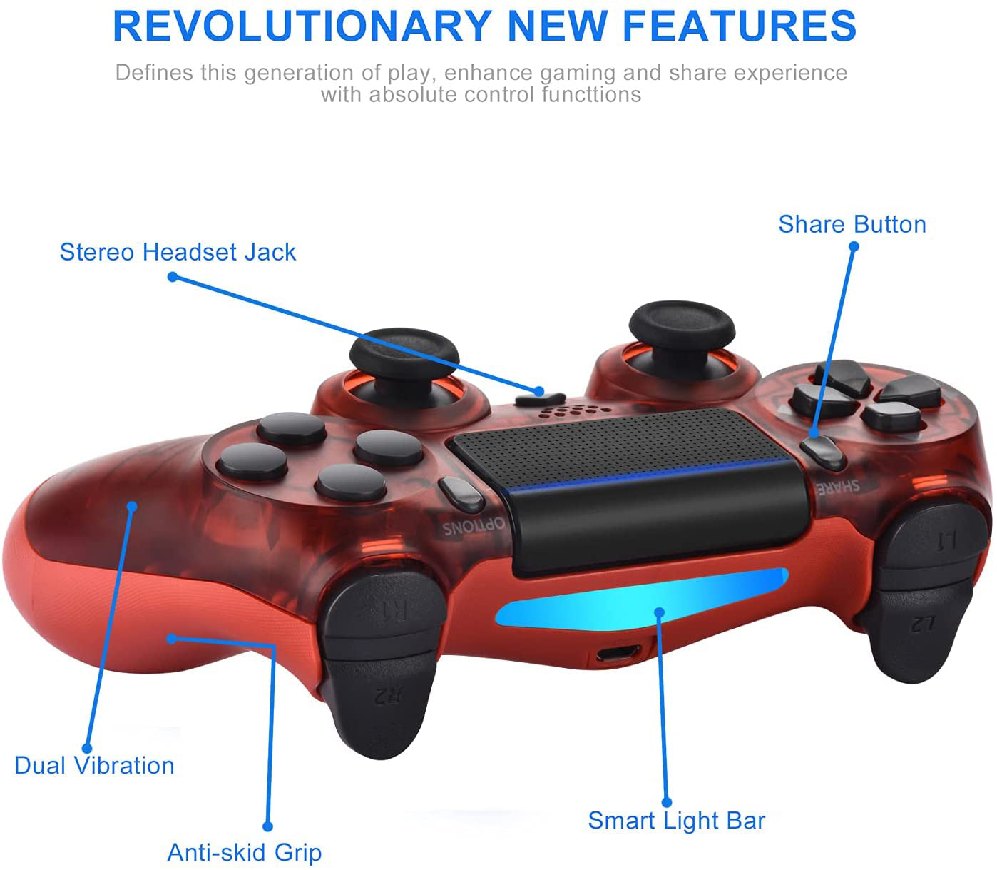 NETNEW Wireless Game Controller Compatible with PS4/Slim/Pro with Upgraded Joystick - Crystal Red