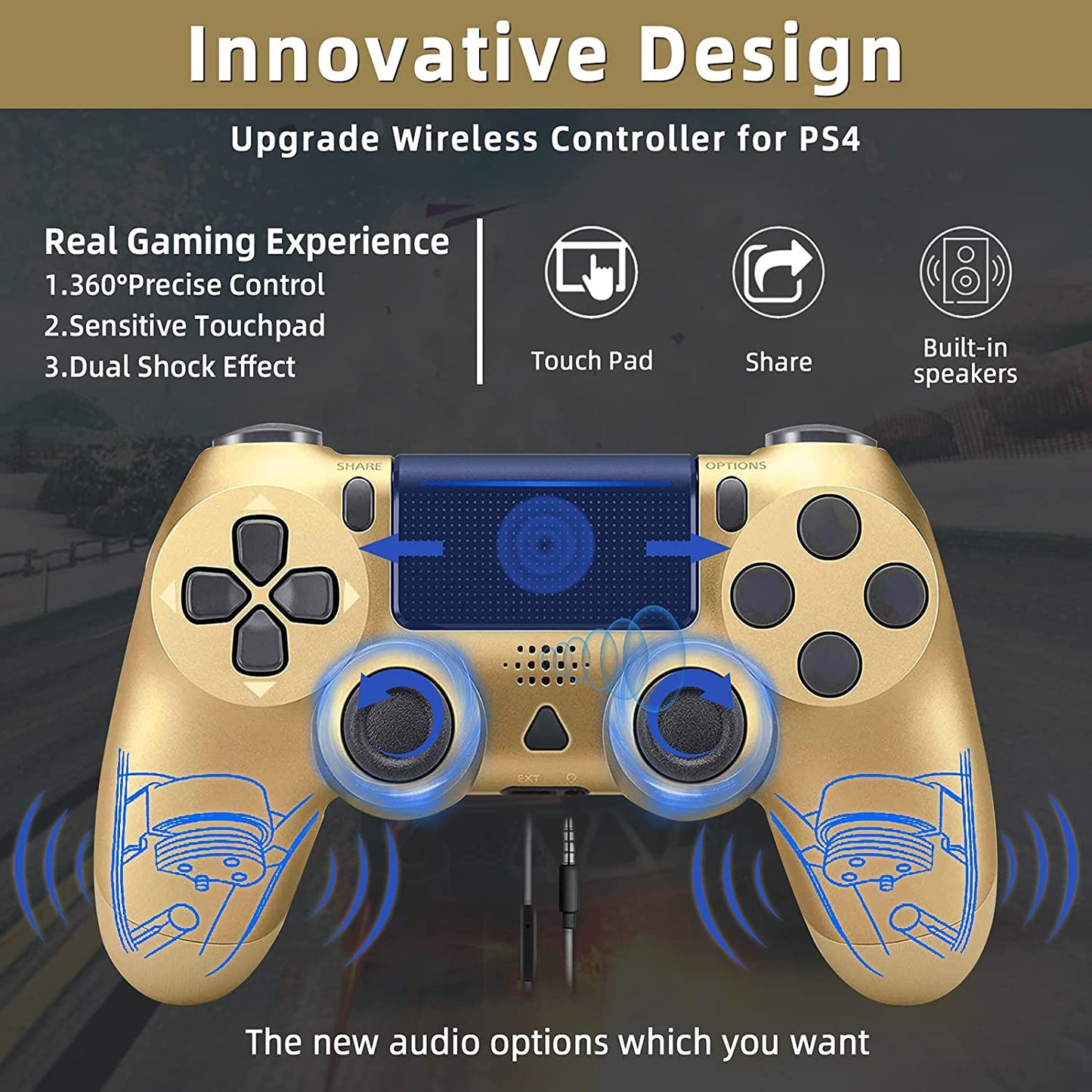 NETNEW Wireless Game Controller Compatible with PS4/Slim/Pro with Upgraded Joystick - Golden