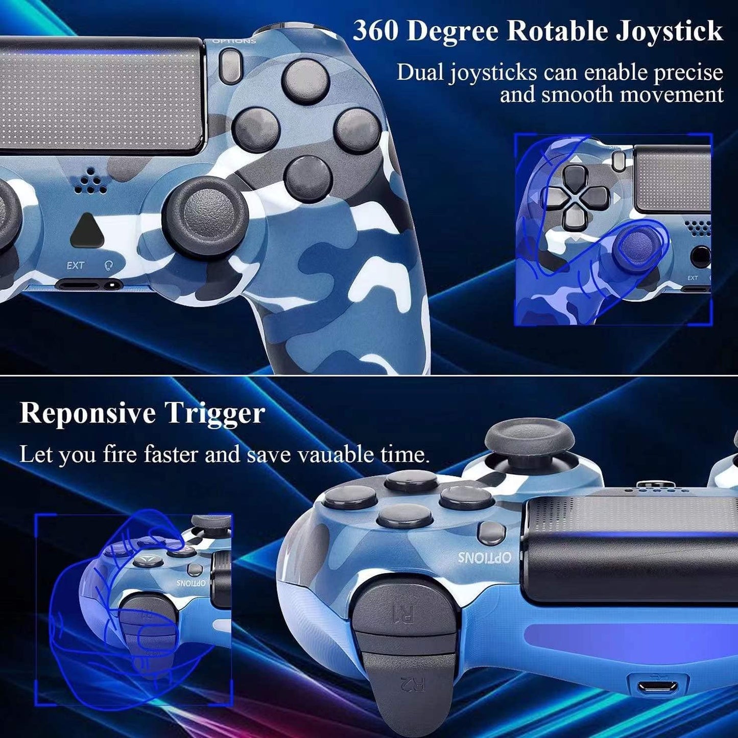 NETNEW Wireless Game Controller Compatible with PS4/Slim/Pro with Upgraded Joystick - Camo Blue