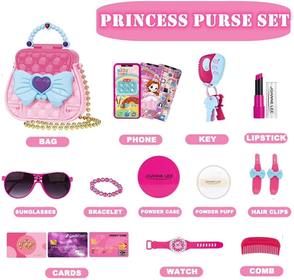 Pretend My First Purse Princess Set for Girls, Fashion Stylish Handbag with Pretend Play Beauty Makeup Accessories, Smart Phone, Watches, Glasses, Keys, Petty Cards for Little Kid, 17 Pcs