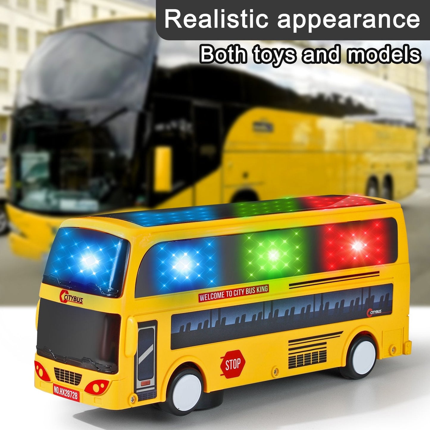 Model City Bus Toys for Kids Yellow Toy Vehicle Toddlers with Flashing LED Lights and Music Boys and Girls