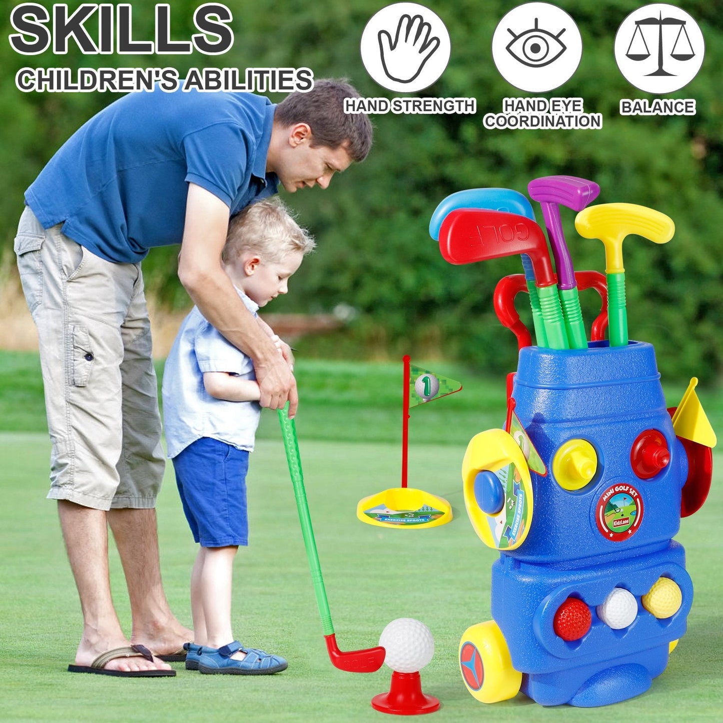 Kids Toy Golf Clubs Set Young Golfer Sports Kit with Cart 3 Balls 2 Practice Holes Flags & 2 Golf Tees Toddler Golf Sports Outdoors Indoors Exercise Toys for Boys & Girls