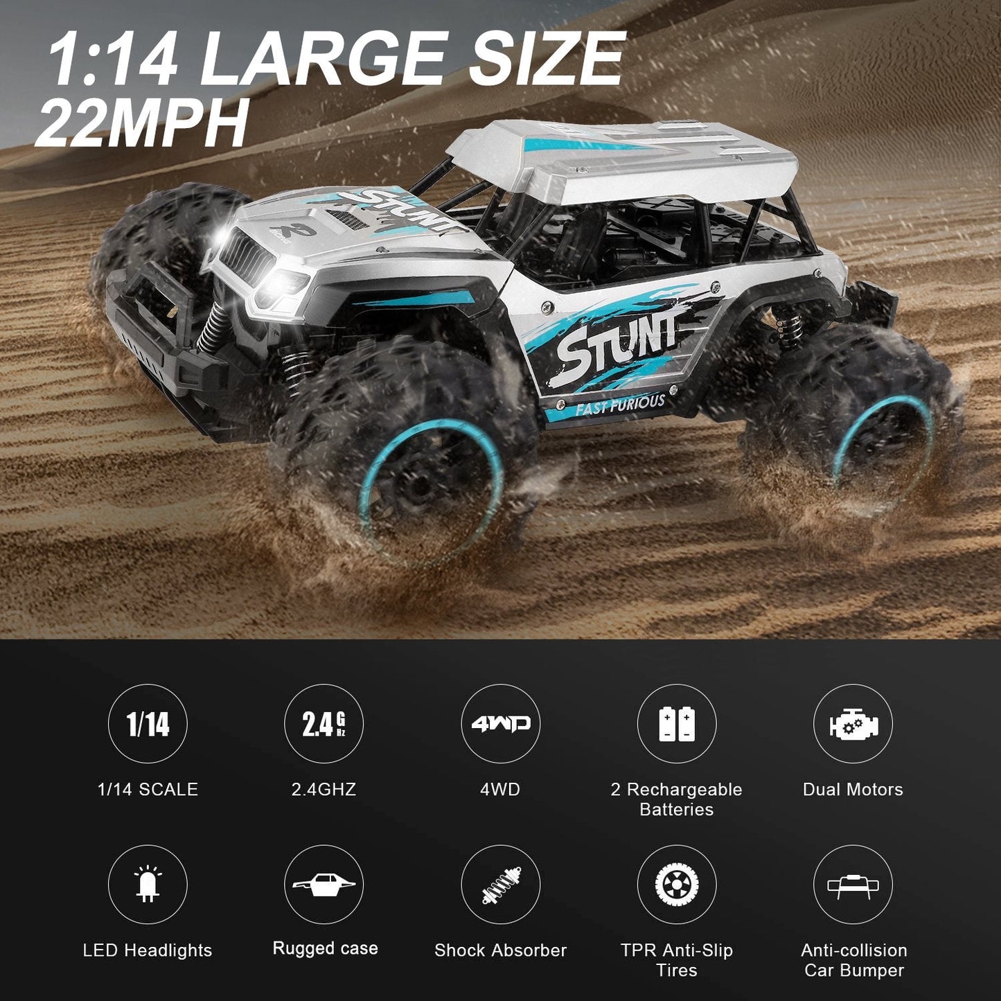 Kids Toys RC Cars Monster Truck 1:14 Remote Control Car 20+MPH 4WD 2.4GHz Off Road All Terrain Car Toys for 6-12 Years Old Boys with 2 Rechargeable Battery