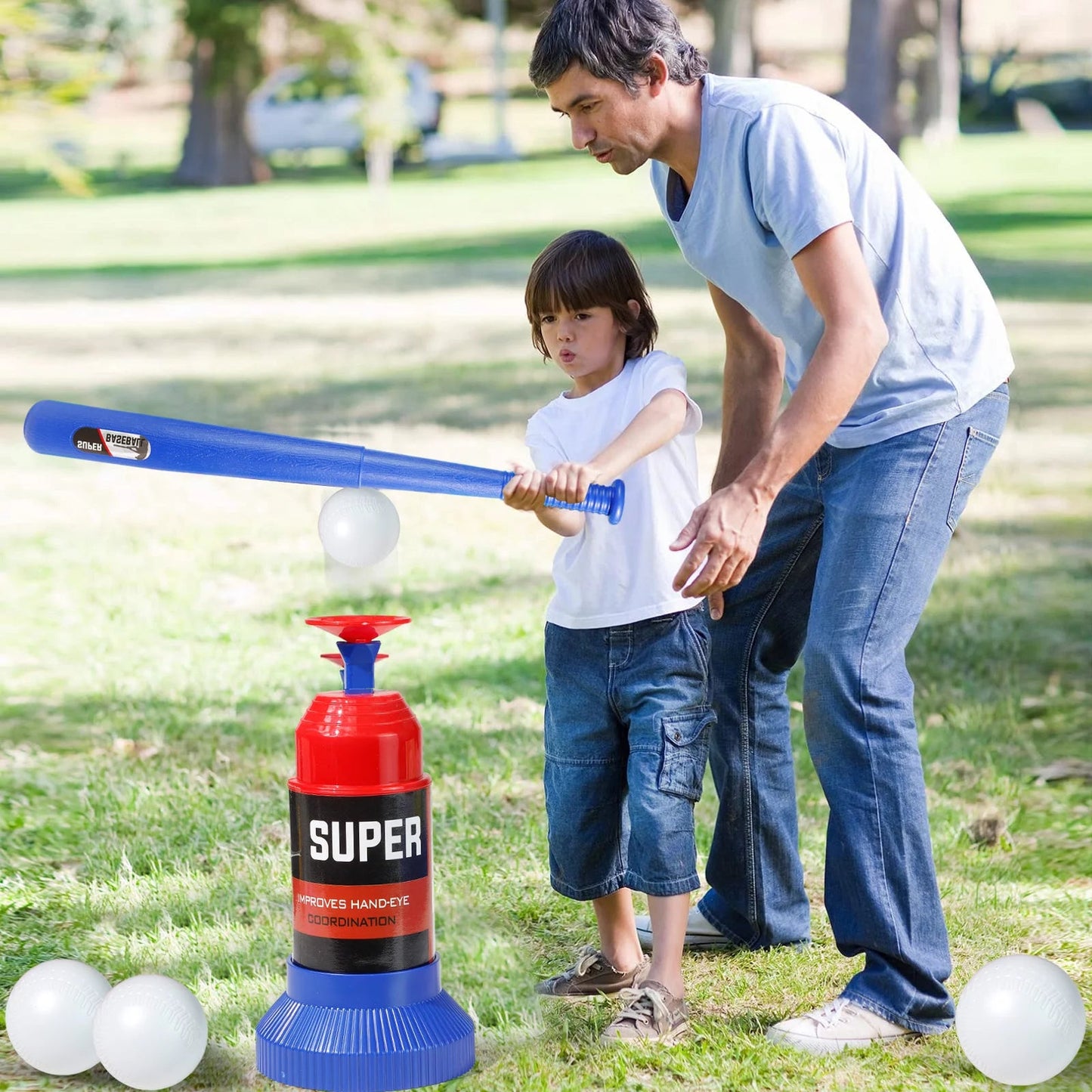 Kids Baseball Tee Game T-ball Set Trainer for Toddlers Ages 3-8 Years Includes 4 Balls, Teeball Batting Tee, Pitching Machine, Youth Outdoor Sports Toy Games Boys & Girls