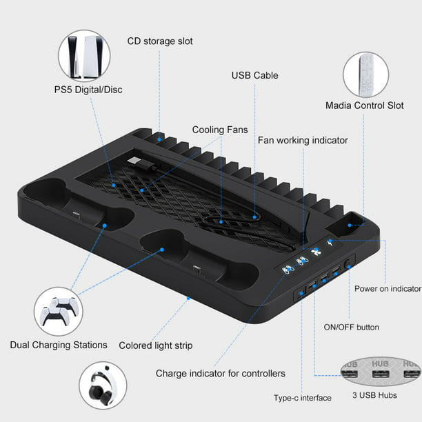 NETNEW PS5 Cooling Station with RGB Light, PS5 Stand with Cooling Fan for PS5 Disc&Digital Editions Dual Controllers Charger Station, PS5 Accessories for PS5 Console Headset Holder