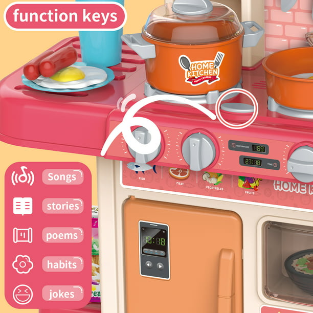 NETNEW 89 PCS Kitchen Playset Kids Kitchen Toys for Girls 3-6 Years with Realistic Lights and Sounds,Pretend Food Steam Play Food Accessories