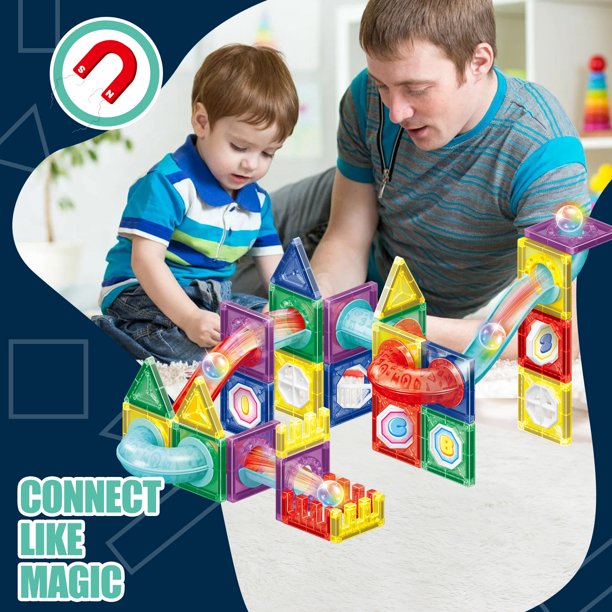 STEM Magnetic Tiles 66 Piece Pipe Magnetic Blocks 3D Clear Magnets Toys Building Set Christmas Gifts Ages 3+
