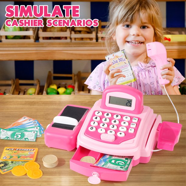 NETNEW Cash Register Toys for Girls 3-6 Years Pretend Play Store Electronic Toy, Play Money, Grocery Supermarket Playset Calculator Cash Register with Accessories