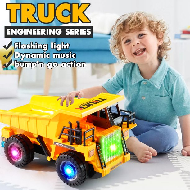 NETNEW Dump Truck Vehicle Toys for Boys 3-6 Years with Lights and Sounds Construction Tough Machines Battery Operated Automatic Bump & Go Car