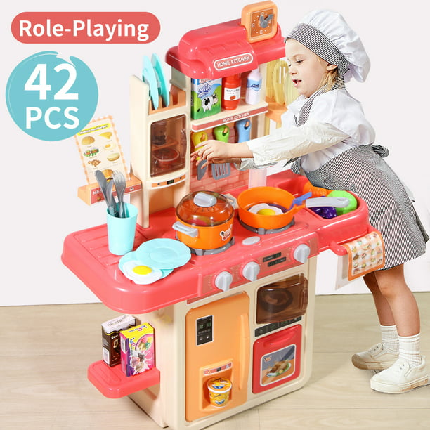 NETNEW 89 PCS Kitchen Playset Kids Kitchen Toys for Girls 3-6 Years with Realistic Lights and Sounds,Pretend Food Steam Play Food Accessories