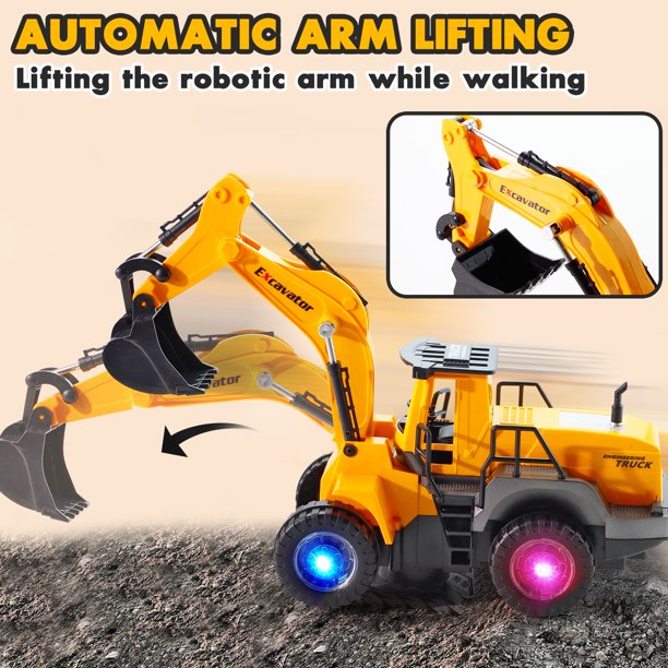 NETNEW Excavator Digger Vehicle Truck Construction Tough Machines Toys for Boys 3-6 Years with Lights and Sounds - Battery Operated Automatic Bump & Go Car
