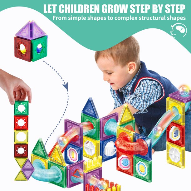 STEM Magnetic Tiles 66 Piece Pipe Magnetic Blocks 3D Clear Magnets Toys Building Set Christmas Gifts Ages 3+