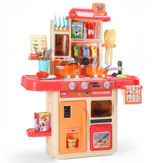 NETNEW 89 PCS Kitchen Playset Kids Kitchen Toys for Girls 3-6 Years with Realistic Lights and Sounds,Pretend Food Steam Play Food Accessories