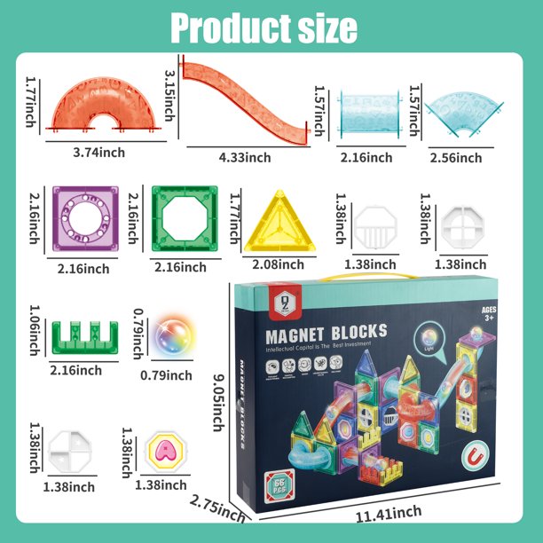 STEM Magnetic Tiles 66 Piece Pipe Magnetic Blocks 3D Clear Magnets Toys Building Set Christmas Gifts Ages 3+