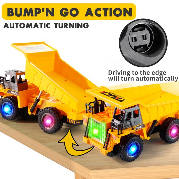 NETNEW Dump Truck Vehicle Toys for Boys 3-6 Years with Lights and Sounds Construction Tough Machines Battery Operated Automatic Bump & Go Car