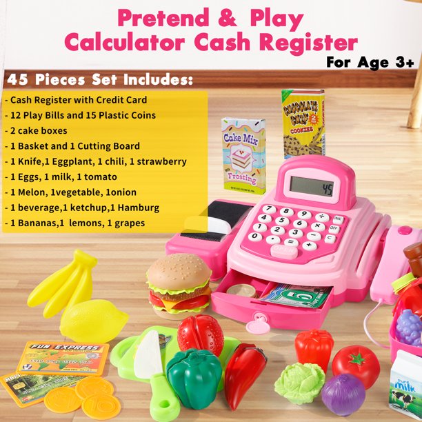 NETNEW Cash Register Toys for Girls 3-6 Years Pretend Play Store Electronic Toy, Play Money, Grocery Supermarket Playset Calculator Cash Register with Accessories