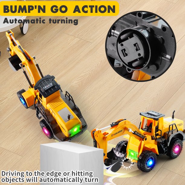 NETNEW Excavator Digger Vehicle Truck Construction Tough Machines Toys for Boys 3-6 Years with Lights and Sounds - Battery Operated Automatic Bump & Go Car