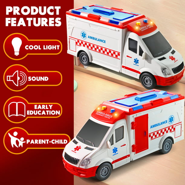 NETNEW Ambulance Toy Car with Light & Siren Sound Effects - Friction Powered Wheels & LED Lights Toys for Boys 3-6 Years