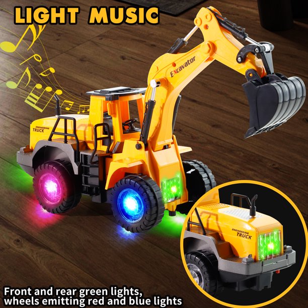 NETNEW Excavator Digger Vehicle Truck Construction Tough Machines Toys for Boys 3-6 Years with Lights and Sounds - Battery Operated Automatic Bump & Go Car