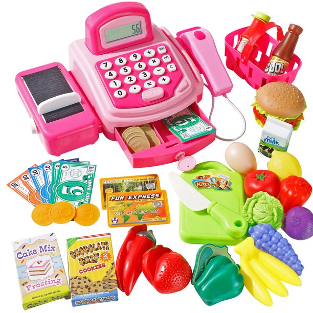NETNEW Cash Register Toys for Girls 3-6 Years Pretend Play Store Electronic Toy, Play Money, Grocery Supermarket Playset Calculator Cash Register with Accessories