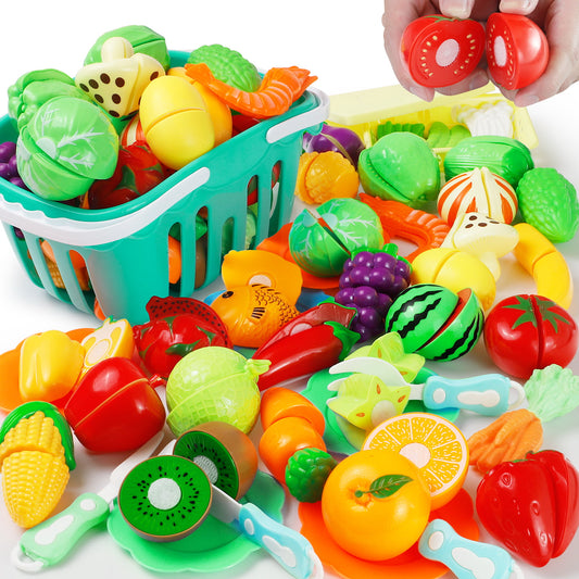 70 PCS Cutting Pretend Play Food Kitchen Toys for Girls 3-6 Years Kids Playset Accessories Fruit Vegetables Great Birthday Christmas Gifts