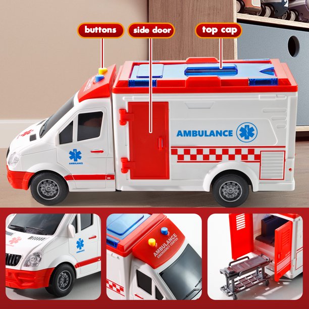 NETNEW Ambulance Toy Car with Light & Siren Sound Effects - Friction Powered Wheels & LED Lights Toys for Boys 3-6 Years