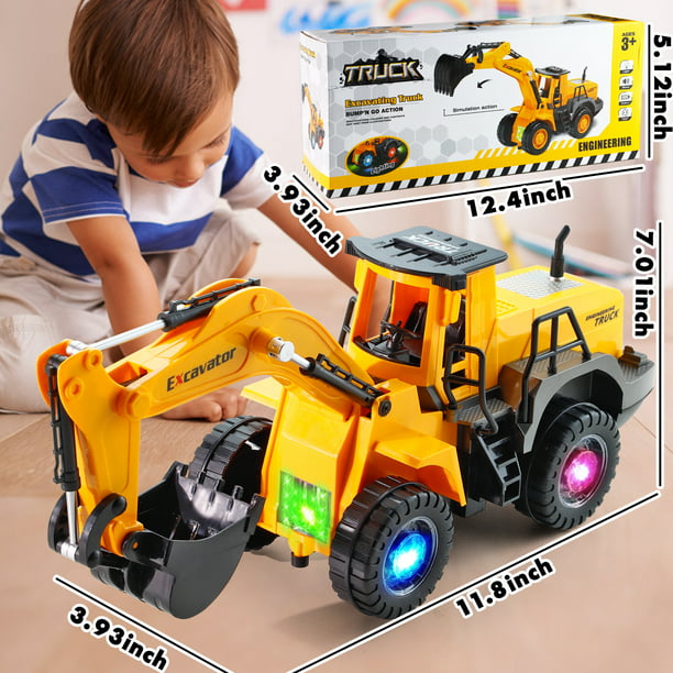 NETNEW Excavator Digger Vehicle Truck Construction Tough Machines Toys for Boys 3-6 Years with Lights and Sounds - Battery Operated Automatic Bump & Go Car