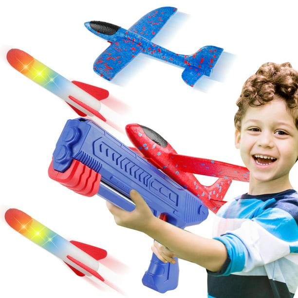 NETNEW 4 Pack Airplane Rocket Launcher Toys for Boys 3-6 Years 2 Flight Modes & 2 Rocket LED Foam Glider Catapult Planes Rocket