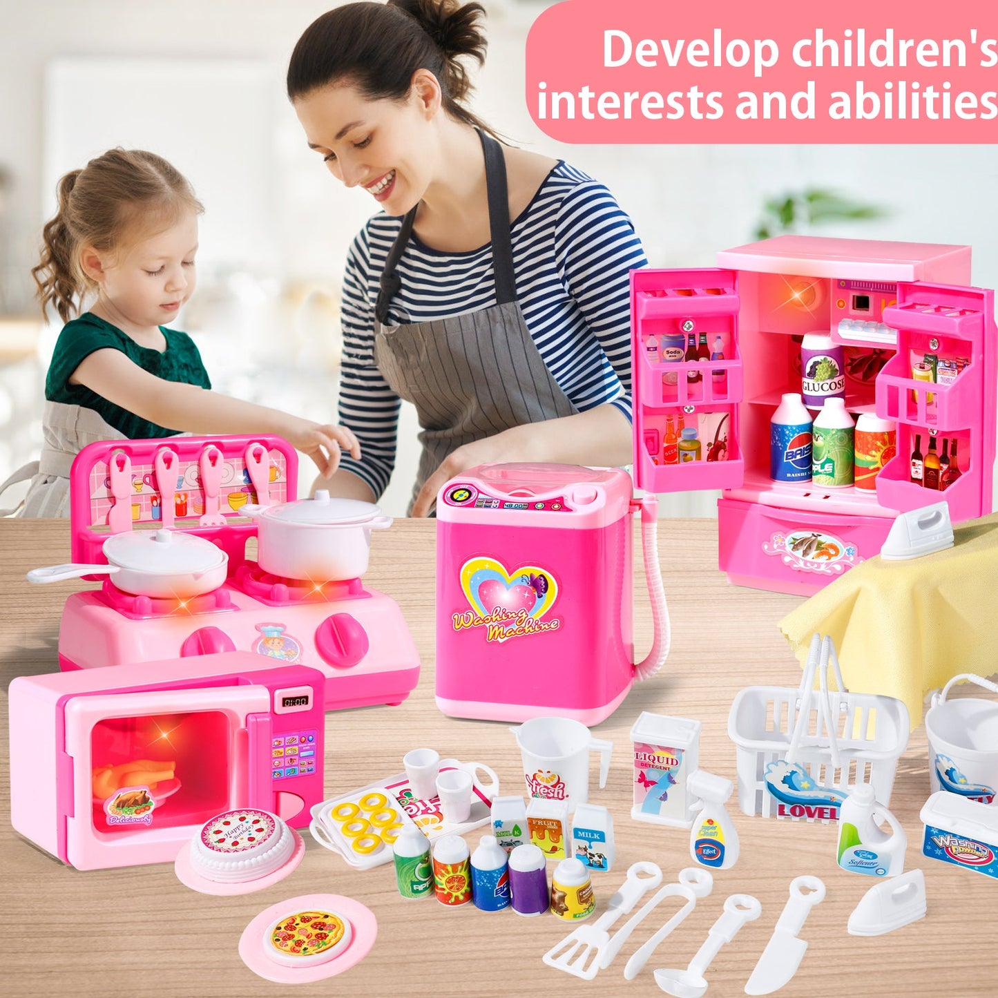 Kitchen Playset Toys for Girls Refrigerator Fridge Microwave Oven Washing machine Kids Playset with 25-Pcs Accessories Lights & Sounds