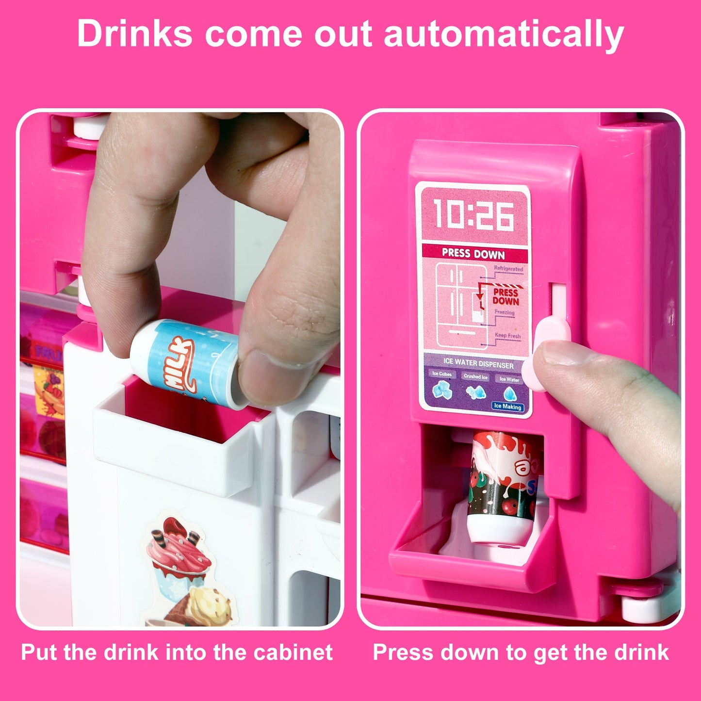 Kitchen Toys Fridge Refrigerator for Kids Girls, Play Kitchen Set with Accessories Music and Light
