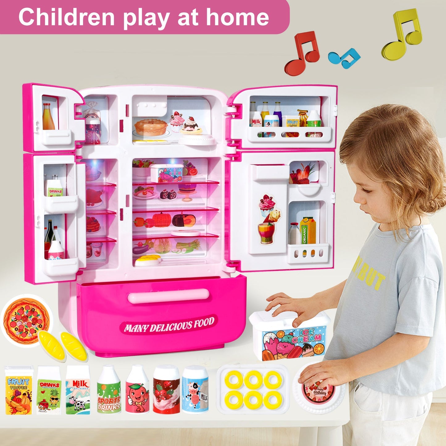 Kitchen Toys Fridge Refrigerator for Kids Girls, Play Kitchen Set with Accessories Music and Light