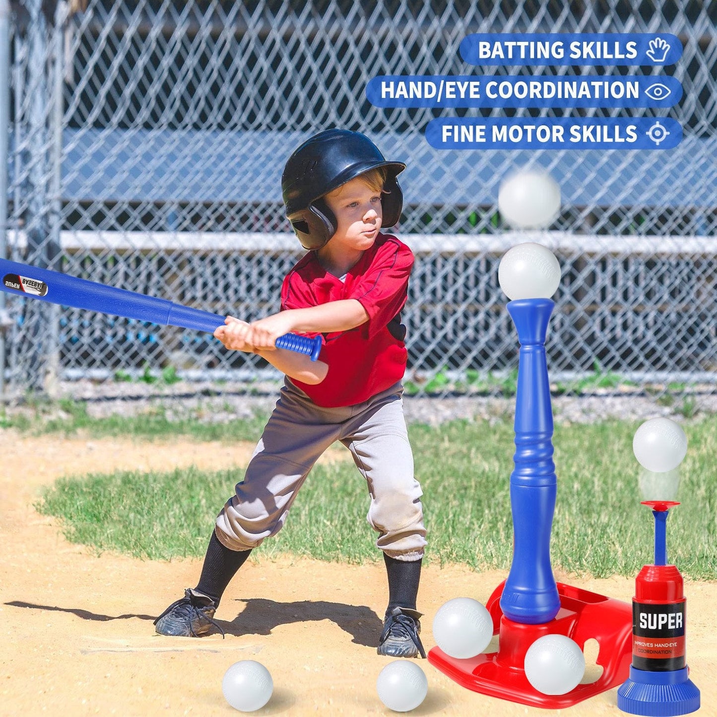 Kids Baseball Tee Game T-ball Set Trainer for Toddlers Ages 3-8 Years Includes 4 Balls, Teeball Batting Tee, Pitching Machine, Youth Outdoor Sports Toy Games Boys & Girls