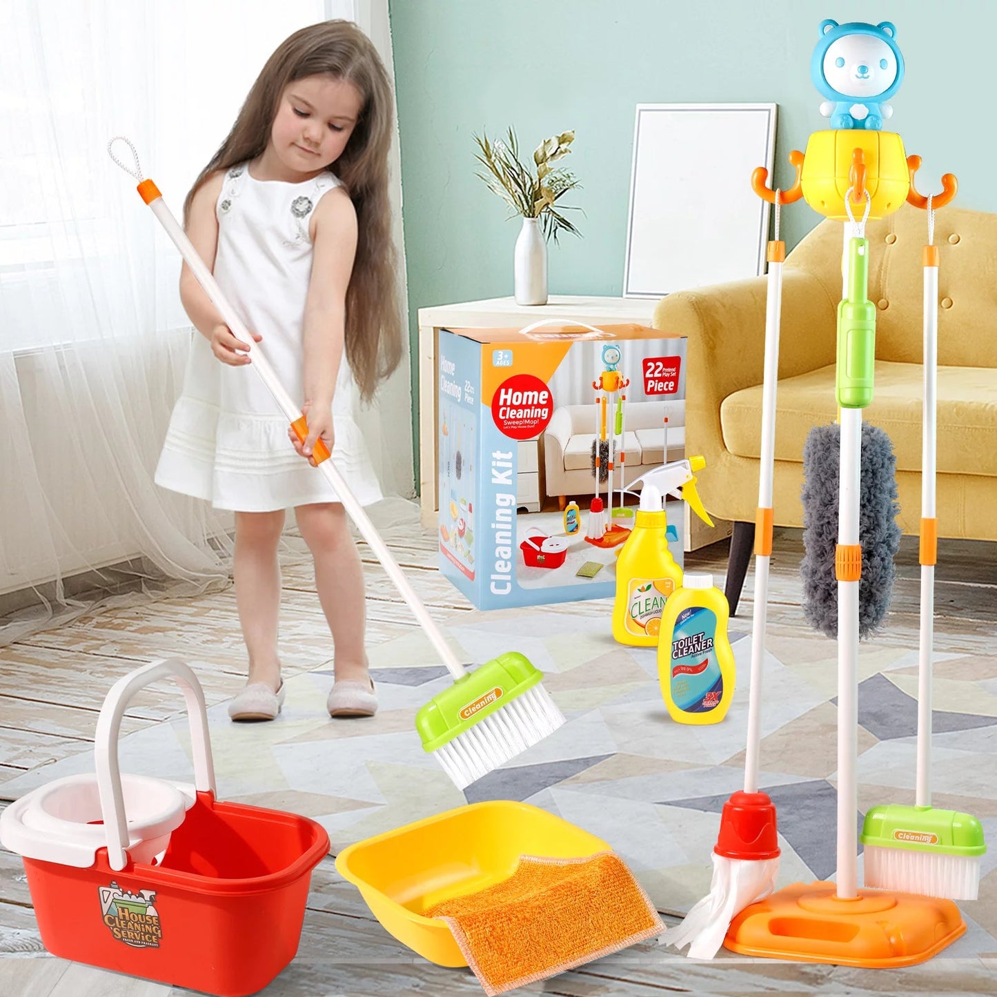 Kids Cleaning Set Toys 22 Piece for Toddlers Pretend Play Broom Set Household Cleaning Tools Girl & Boys Toy Kitchen