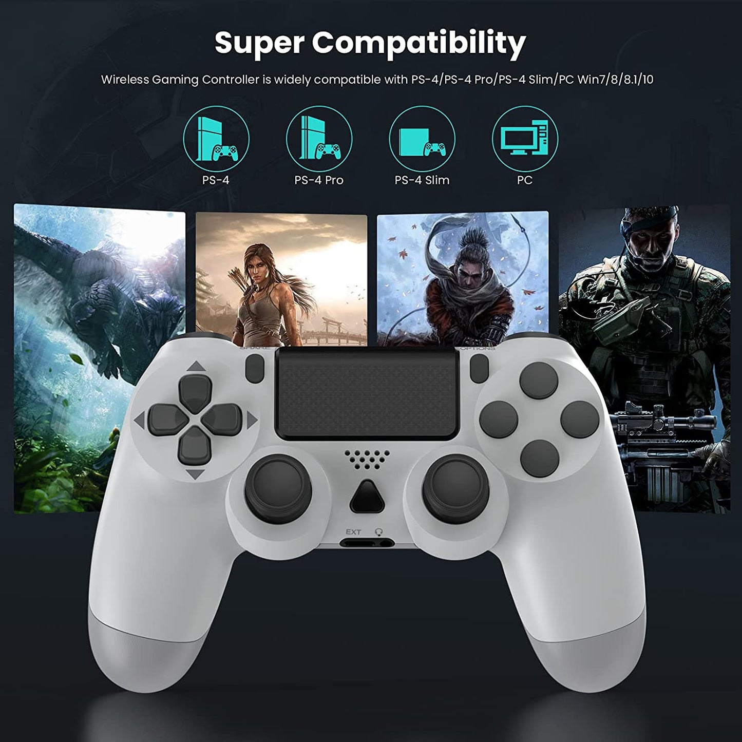 NETNEW Wireless Game Controller Compatible with PS4/Slim/Pro with Upgraded Joystick - White