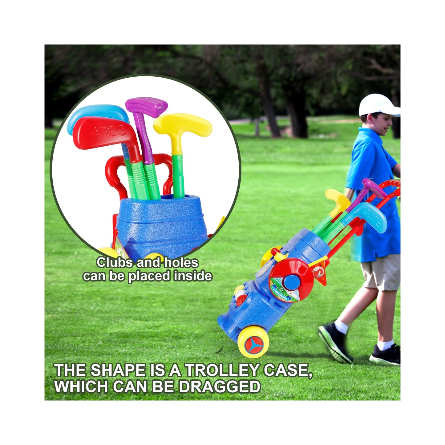 Kids Toy Golf Clubs Set Young Golfer Sports Kit with Cart 3 Balls 2 Practice Holes Flags & 2 Golf Tees Toddler Golf Sports Outdoors Indoors Exercise Toys for Boys & Girls