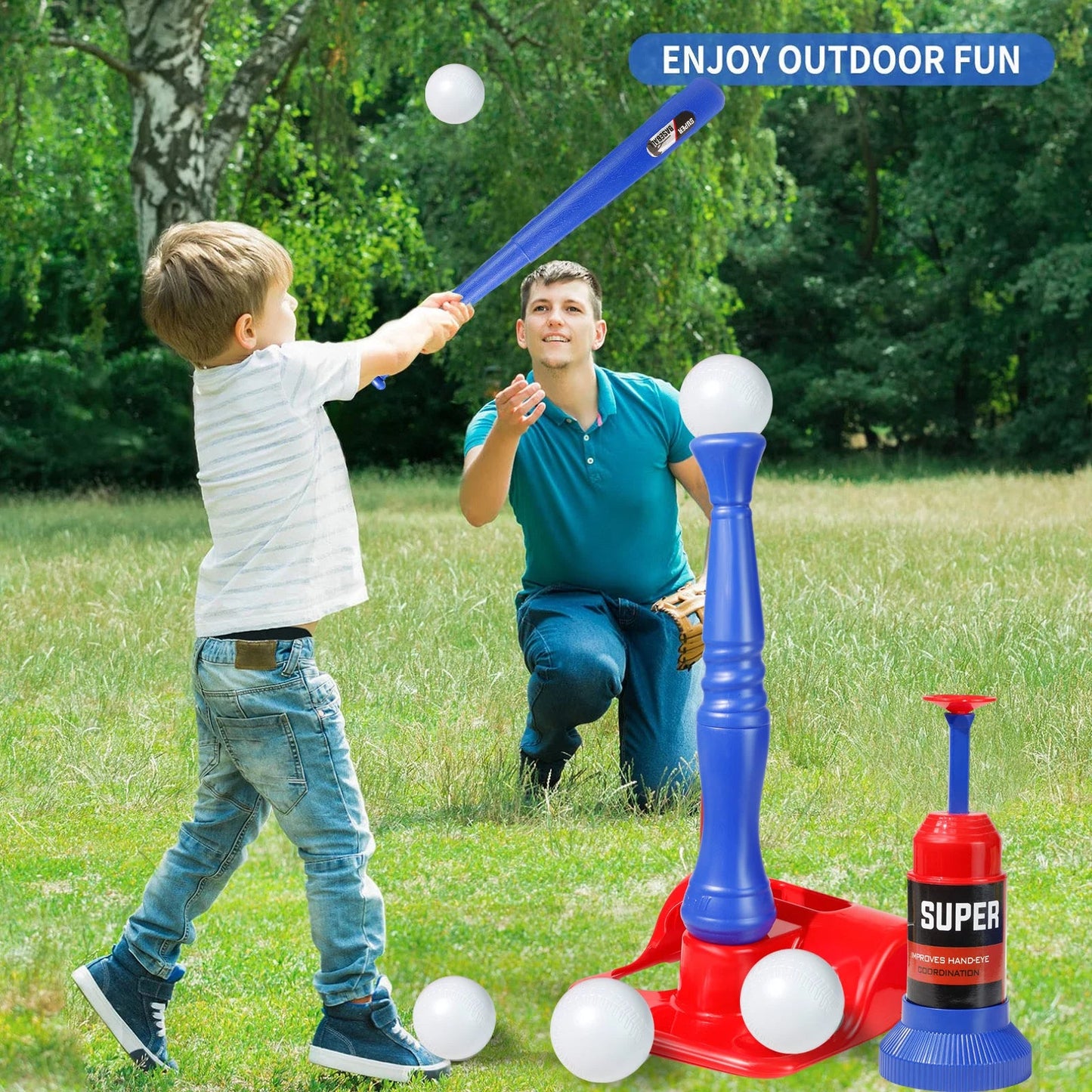 Kids Baseball Tee Game T-ball Set Trainer for Toddlers Ages 3-8 Years Includes 4 Balls, Teeball Batting Tee, Pitching Machine, Youth Outdoor Sports Toy Games Boys & Girls
