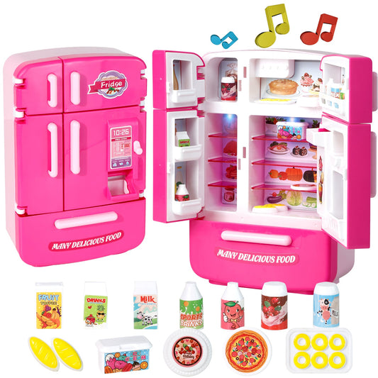 Kitchen Toys Fridge Refrigerator for Kids Girls, Play Kitchen Set with Accessories Music and Light