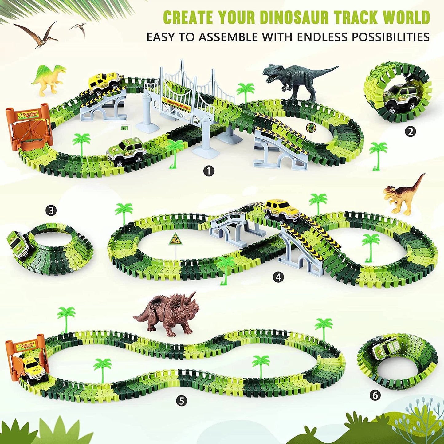 Dinosaur Toys-142 pcs Create A Dinosaur World Road Race-Flexible Track Playset ,2 Dinosaurs and 1 Race Car Toys for 3 4 5 6 Year & Up Old boy Girls Best Gift